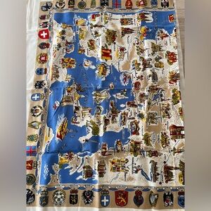 VINTAGE Tablecloth Map Europe City Heraldic Country Crests Border Souvenir Retro